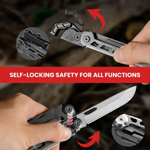Vista 5 de Multiherramienta, alicates multiherramienta de acero inoxidable 16 en 1 con llave hexagonal ajustable, cuchillo de bolsillo de damasco, funda