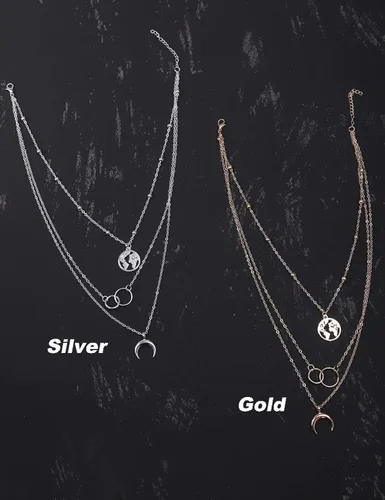 Vista 6 de fxmimior - Collar de 2 niveles con diseño de luna, colgante de plata y oro, para mujeres y niñas