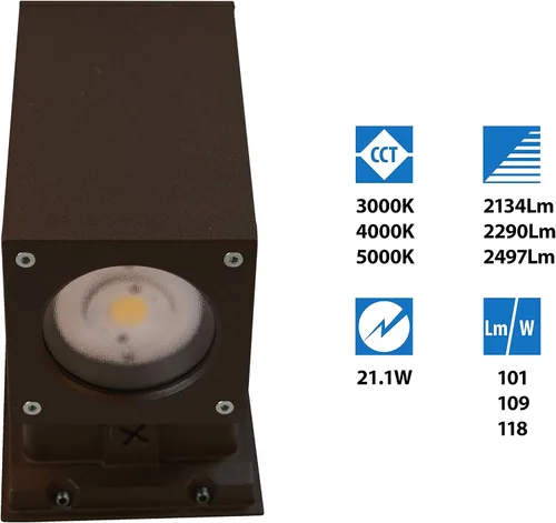 Vista 3 de OWCQ4D1022MV40BZ Dorado 22W Square LED Wall Mount, 4000K, luz cilíndrica de bronce para exteriores, 4