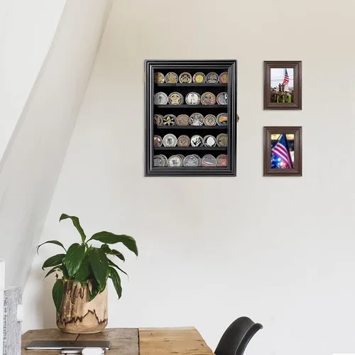 Vista 6 de ASmileIndeep - Expositor de monedas de desafío militar con estuche de vidrio templado HD y montaje en pared, soporte de monedas de madera