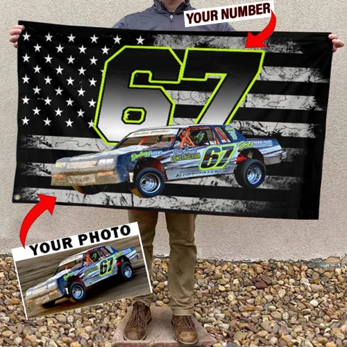Vista 9 de Sprint Car Racing - Foto personalizada, nombre y número de carreras de bandera estadounidense a cuadros para amantes de las carreras de pista