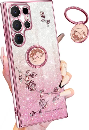 Vista 11 de Funda 3 en 1 para teléfono Samsung Galaxy A03S con purpurina brillante para mujeres y niñas, cubierta brillante con bonito diseño floral de flores
