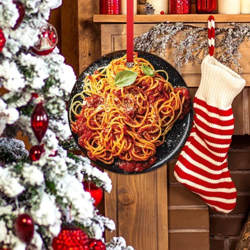 Vista 5 de Adorno navideño de espagueti, divertido, árbol de comida, colgante, tomate, Italia, fideos, relleno de calcetín de cerámica, regalo para niño