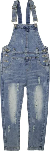 Vista 7 de ABALACOCO Overol de mezclilla para niñas y niños, con correa ajustable, rasgado, lindo, overol, pantalones, 6-13T