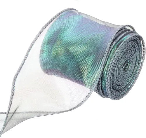 Vista 35 de MECCANIXITY - Cinta de organza con cable de 1 1/2" de ancho, brillante, transparente, con brillo irisado en tonos pastel, cinta de gasa para Beige