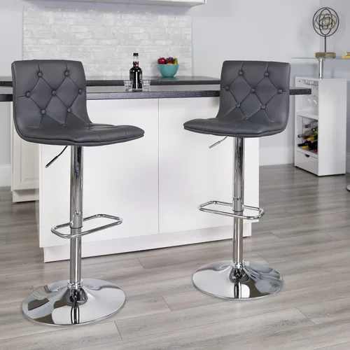 Vista 2 de Flash Furniture Taburete de bar contemporáneo de vinilo gris capitoné con botones y altura ajustable con base cromada