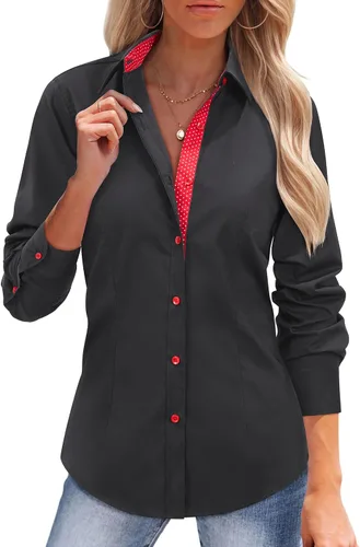 Vista 10 de siliteelon Camisas con botones para mujer, camisas de vestir de algodón de manga larga para mujer, sin arrugas, blusa de trabajo elástica