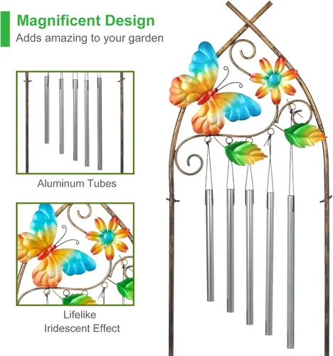Vista 4 de Soportes de Plantas con Enrejado de Jardín, Enrejado de Maceta para Plantas de 122 cm con Campanas de Viento de Metal y Mariposa para Plantas