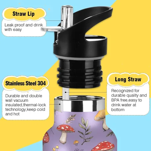 Vista 3 de Red Mushrooms Termitomyces Albuminosus Purple Double Wall Vacuum Insulated Bottles Water Bottles With Straws Leak-proof BPA-Free Leak Proof for Gym