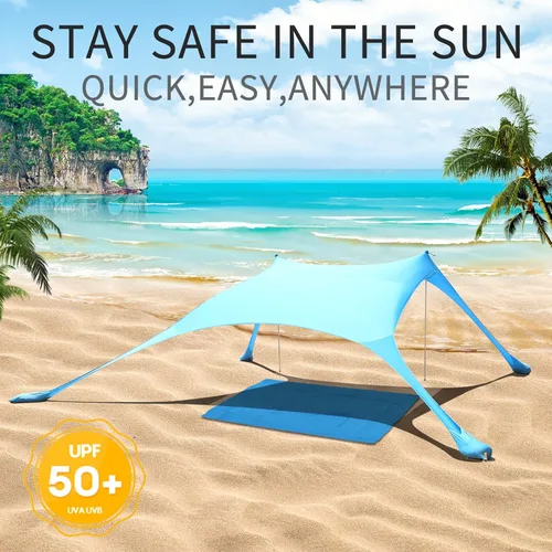 Vista 4 de Tienda de campaña de playa de 77 pies con protección UV UPF50+, toldo al aire libre con 2 postes para camping, pesca, patio trasero y pícnics