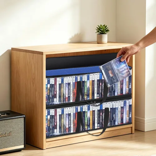 Vista 6 de Bolsas de almacenamiento de DVD CCidea (Set de 2) Funda de PVC transparente con asas para cajas de DVDs/CDs/VHS/Blu Ray/Películas/Videojuegos - Cada