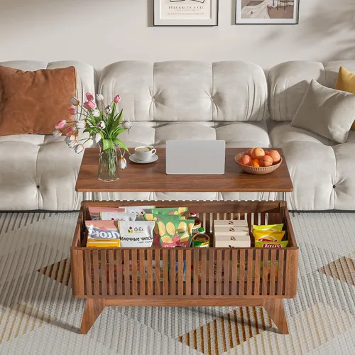 Vista 5 de Mesa de centro elevable con compartimento oculto, mesa de centro moderna de mediados de siglo para sala de estar, mesa central de granja de diseño