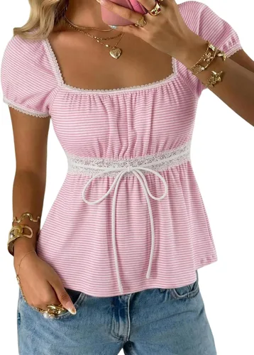 Vista 35 de SOLY HUX Blusa de verano de manga corta para mujer Blanco sólido