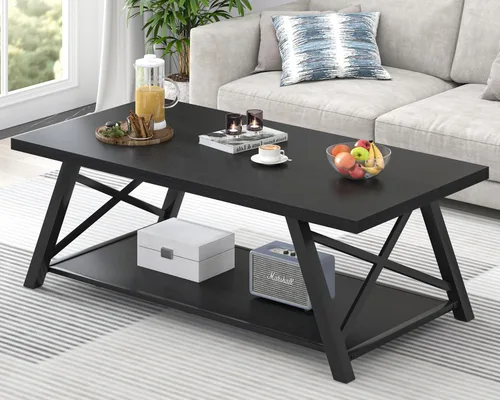 Vista 5 de EXCEFUR Mesa de centro negra, moderna mesa central de madera y metal con estante de almacenamiento, mesa de té rectangular industrial para sala