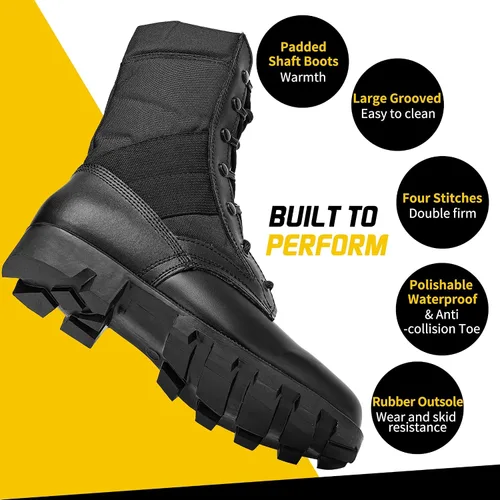 Vista 4 de Botas militares de WIDEWAY para hombres, botas de combate de jungla tácticas de cuero resistente al deslizamiento, negras, para hombres, todo