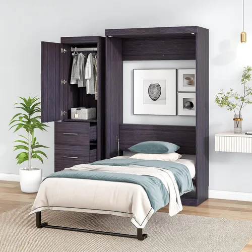 Vista 23 de Baúl móvil Murphy de tamaño Queen con módulo USB integrado de doble alimentación/USB, armario moderno y tradicional de madera maciza con cajón Gris-A