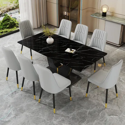 Vista 11 de JUFU Moderno juego de mesa de cocina y comedor, mesa rectangular con parte superior de mármol sintético, 63 pulgadas, color negro, 4 sillas