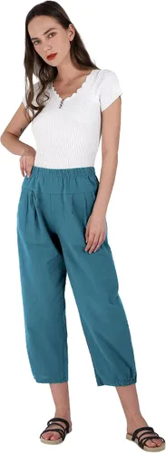 Vista 3 de utcoco Pantalones cortos harén para mujer, cintura elástica, casual, ajuste holgado, algodón y lino, capris con bolsillos
