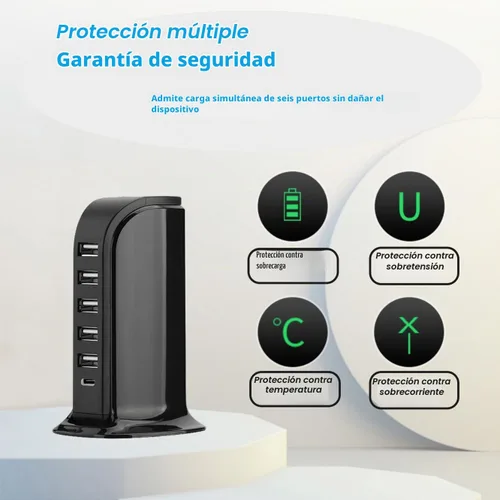 Vista 5 de Estación de carga USB para múltiples dispositivos, torre de carga multipuerto, puerto USB-C compatible con carga rápida PD compatible con iPhone