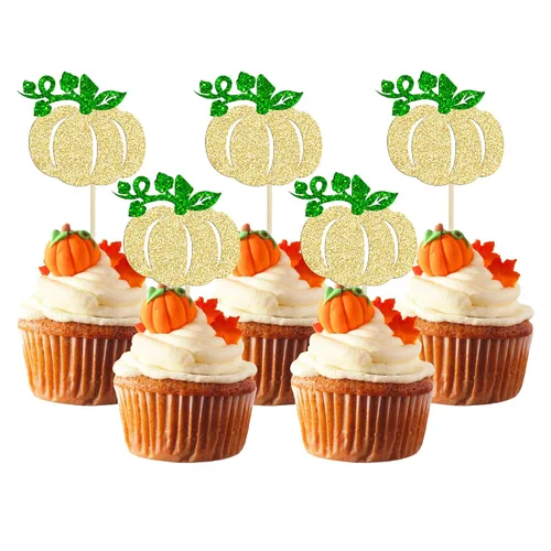 Vista 15 de Gyufise 24 piezas de decoración de cupcakes de calabaza con purpurina para temática de otoño, Acción de Gracias, Halloween, baby shower, niños