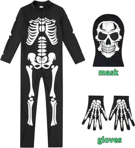 Vista 4 de UNICOMIDEA Kids Skeleton Costume Glow in The Dark Halloween Jumpsuit Boys Girls Bodysuit with Skull Gloves Mask for 5-14T
