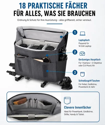 Vista 12 de CADeN Bolsa de hombro para cámara con compartimento para portátil de 14 pulgadas, soporte para trípode, compatible con Nikon, Canon, Sony, cámaras