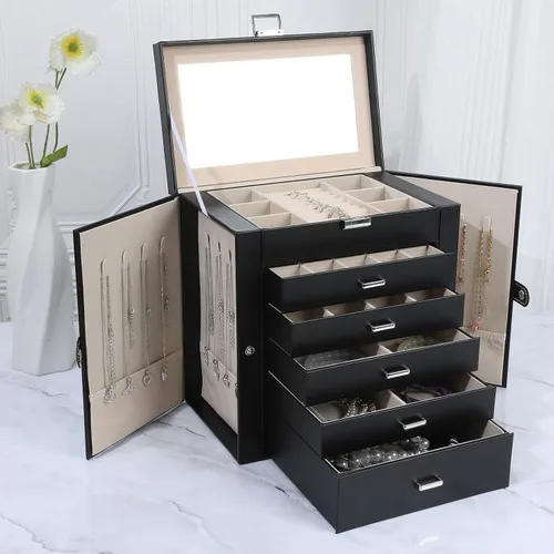 Vista 7 de Joyero para mujer, organizador grande de 6 capas con cerradura y 5 cajones para almacenamiento de joyas, joyero grande para regalo de Navidad