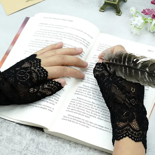 Vista 3 de obmwang 2 pares de guantes de encaje para mujer, guantes florales sin dedos, guantes de graduación para boda, fiesta, accesorios de disfraces
