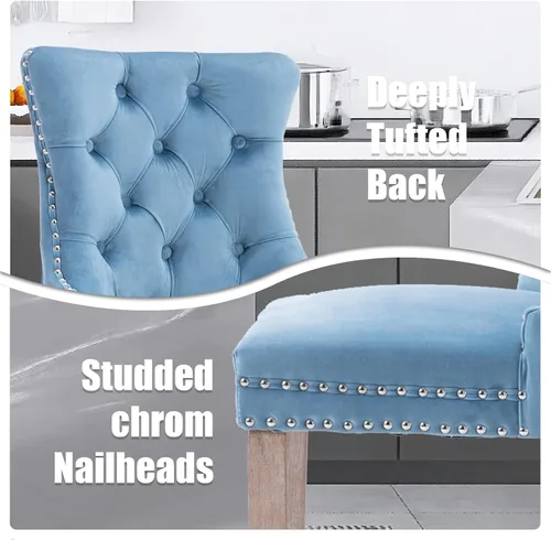 Vista 84 de SoarFlash Juego de 2 taburetes de bar tapizados de terciopelo moderno con patas de madera, botones acolchados, cabeza de clavo cromada, asiento
