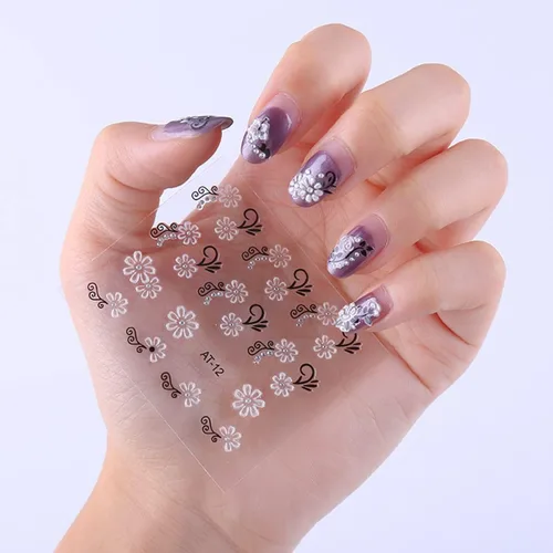 Vista 6 de Calcomanías para arte de uñas de flores, diseño de uñas en blanco y negro, calcomanías autoadhesivas 3D, suministros de arte de uñas, calcomanías