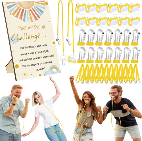 Vista 9 de Geelin Juego de 12 juegos de chupete con columpio para baby shower, juegos divertidos de revelación de género, incluye 1 letrero de madera y 12