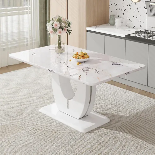 Vista 9 de LKTART Morden Morden - Mesa de comedor rectangular de grano de mármol de imitación para cocina, comedor, sala de reuniones, color gris