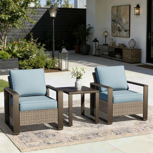 Vista 24 de Joyside - Sofá de mimbre para patio al aire libre, sofá de ratán de 3 plazas con cojines gruesos de olefina y reposabrazos rectangular con marco