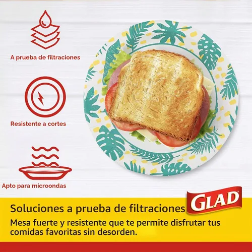 Vista 3 de Glad Platos de papel desechables redondos, patrón de hojas de palma Papel revestido, a prueba de remojo y resistente a cortes, apto para microondas