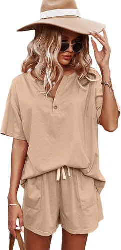 Vista 2 de ADDHEAT - Sudaderas de manga corta y shorts para mujer Conjunto de 2 piezas con bolsillos
