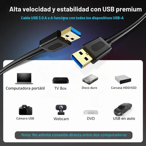 Vista 3 de Cable USB 3.0 Macho a Macho 1 pie, Cable USB a USB con Conector Chapado en Oro para Carcasas de Disco Duro, Reproductor de DVD, Enfriador de Laptop