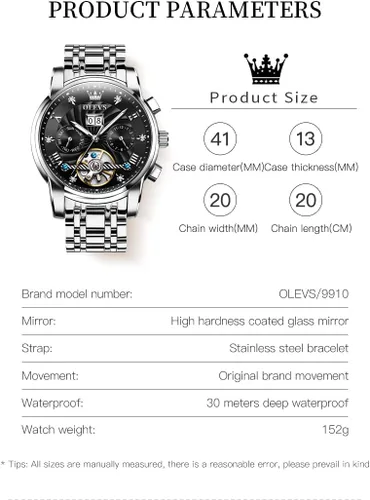 Vista 6 de OLEVS Relojes automáticos para hombre, reloj mecánico de lujo con cuerda automática, Tourbillon, reloj de esqueleto, reloj de negocios con diamantes