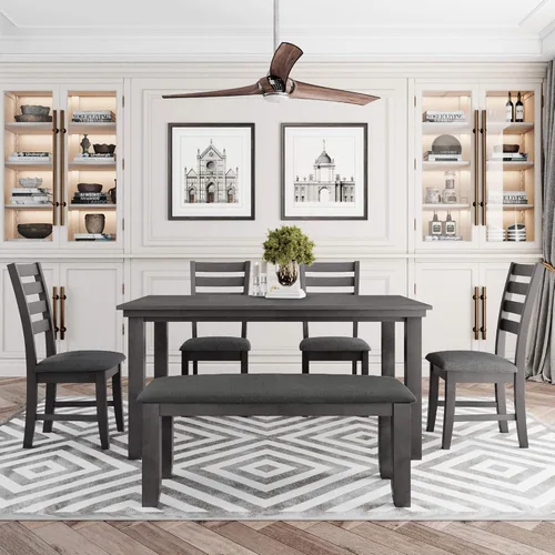 Vista 10 de Harper & Bright Designs Juego de mesa de comedor de 6 piezas, juego de mesa de comedor con mesa de comedor rectangular de madera, 4 sillas