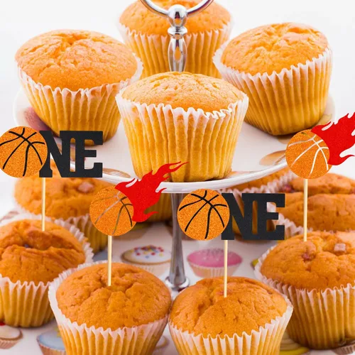 Vista 5 de Arthsdite 24 decoraciones de baloncesto para cupcakes con temática de baloncesto para el primer cumpleaños, decoración para tartas de temática
