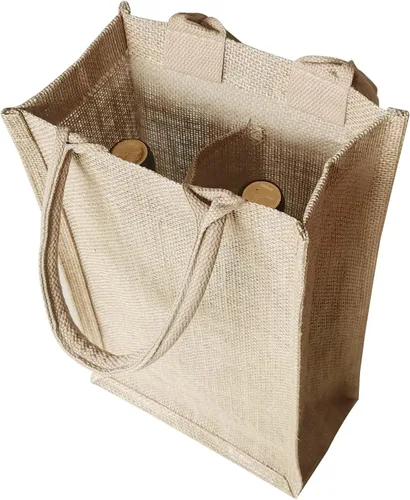 Vista 3 de Bolsa de vino de yute doble Dou con asas de algodón suave para 2 botellas Bolso reutilizable de yute natural para bodas, fiestas, regalos
