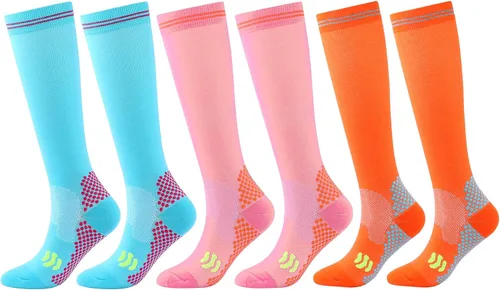 Vista 9 de SUJAYU 3 pares de calcetines de compresión para mujer de 20 a 30 mmHg hasta la rodilla, calcetines de compresión para mujer Negro/Negro/Negro