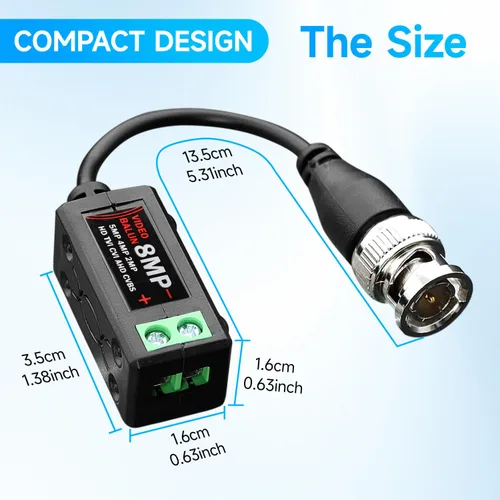 Vista 8 de 4 pares de conectores de balun de video pasivo 4K 8MP HD, CCTV BNC pasivo de video balun transceptor para BNC macho a través de un transmisor de par