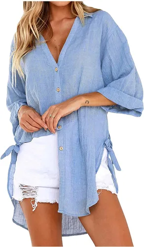 Vista 30 de Camisas de manga larga con botones para mujer, asimétricas, casuales, con cordones, túnica de gran