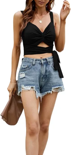 Vista 5 de LYANER Camiseta sin mangas con cuello en V profundo, nudo torcido, cintura hueca, corbata