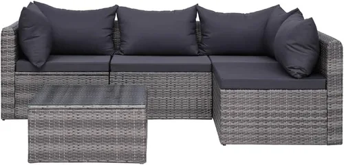 Vista 2 de Ensemble de Salon 5 Pièces en Simili-Rotin Gris PE Pour Jardin et Terrasse, Résistant aux Intempéries avec Coussin Amovible, Table Basse en Verre et