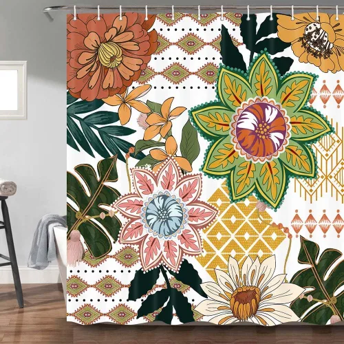 Vista 2 de Torich Cortina de ducha bohemia floral para baño, abstracta de mediados de siglo, decoración bohemia, cortinas de baño, flores botánicas, hojas