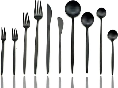 Vista 6 de JASHII Juego de 6 cucharas de acero inoxidable 304 negro mate con mango largo, juego de vajilla moderna para el hogar, cocina, regalo de fiesta