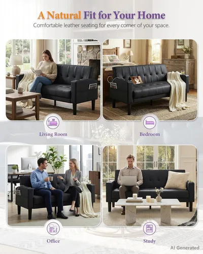 Vista 7 de TYBOATLE Sofá Loveseat de 62" de ancho con 2 puertos de carga USB y 2 portavasos, asiento de amor pequeño capitoné de cuero sintético negro