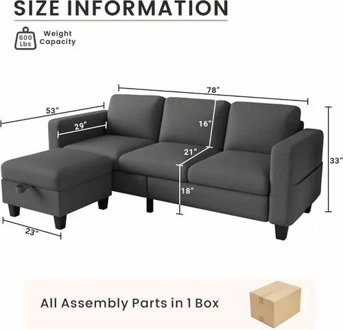 Vista 2 de Grzyhem Camillas seccionales para sala de estar, sofá convertible en forma de L, sofá moderno de lino gris de 3 plazas, sofás de 78 pulgadas