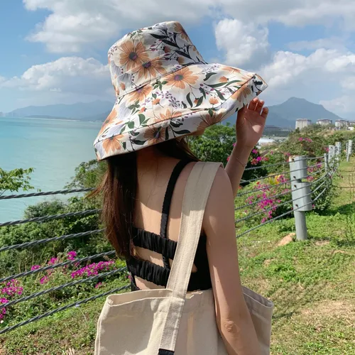 Vista 3 de HUAMULAN Sombrero de sol de verano para mujer, ala ancha, borde con alambre, floral, playa, cubo, sombreros reversibles, plegables, protección UV